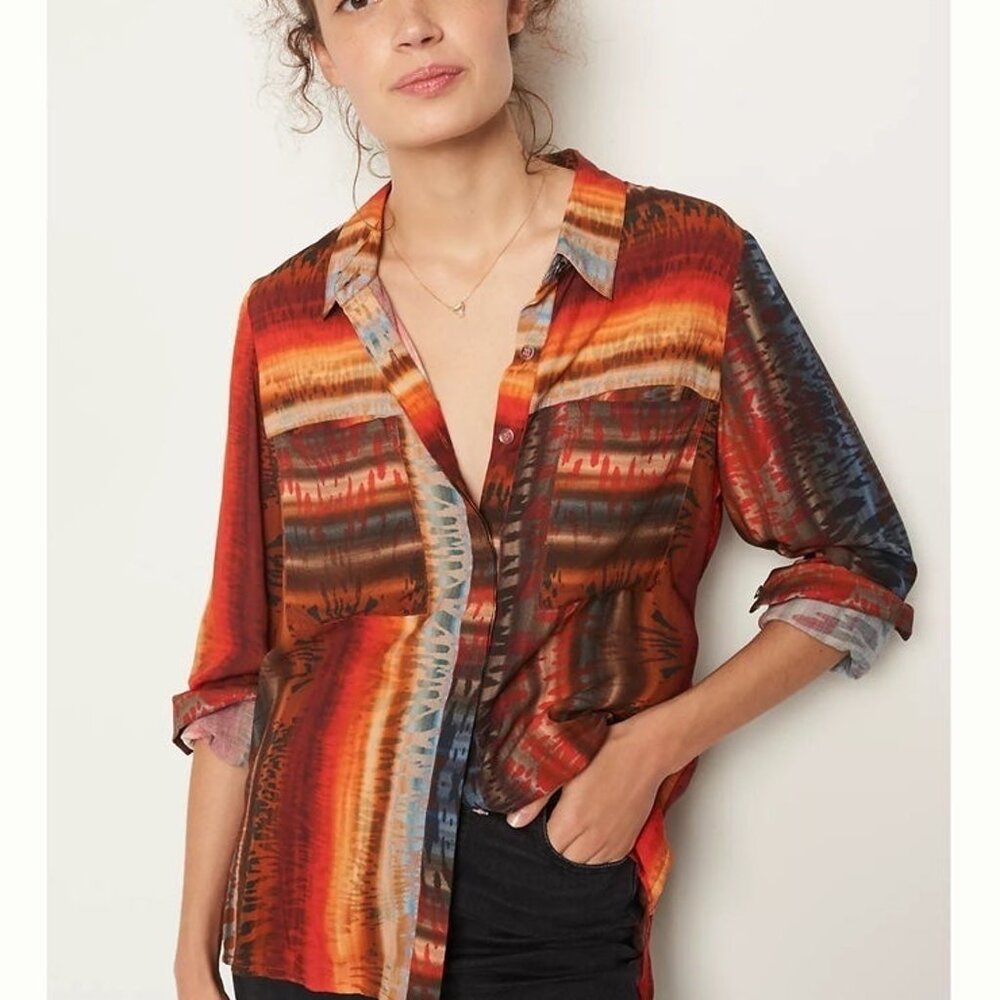 Anthro Bl^nk London Abstract Stripe Button Up Shirt, S, Red Orange Artsy Boho